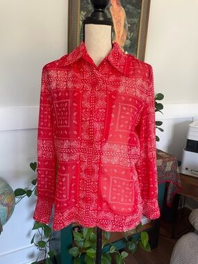 Vintage Butte Knit Handkerchief Bandana Print  Sheer Red Button Down 60s 70s